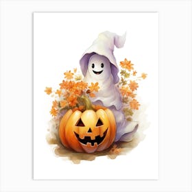 Cute Ghost With Pumpkins Halloween Watercolour 27 Art Print