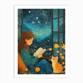 Girl Reading Book with Her Cat 6 Art Print