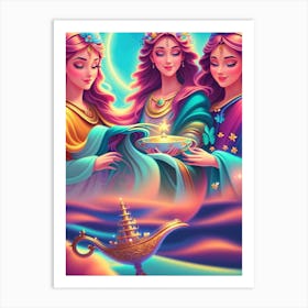 Fantasy Girls With Lamp Art Print