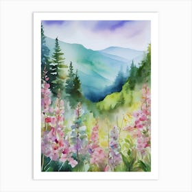 Smoky Mountains Painting, Spring Flowers, Watercolor Art, Appalachian Mountain Landscape Wall Art, Mountain Forest Print..184 Art Print