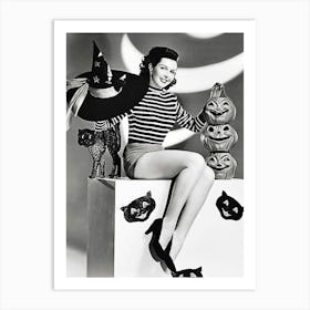 Pinup Sexy Witch Posing With Carved Pumpkins Art Print