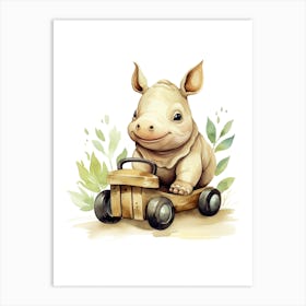 Baby Rhino On A Toy Car, Watercolour Nursery 1 Art Print