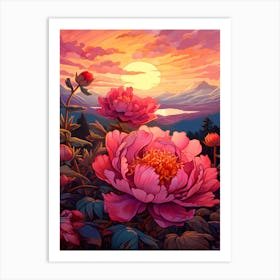 Peony With Sunset In Watercolors (1) Art Print