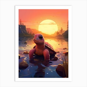 Baby Turtle With Sunset Art Print