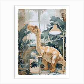 Dinosaur Cleaning The House Beige Art Print