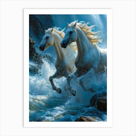 Water Horses Galloping On The Crest Of A Gargantuan Wave Their Manes And Tails Arrayed With Motion Art Print