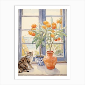 Cat With Birth Of Paradise Flowers Watercolor Mothers Day Valentines 1 Art Print