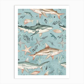 Pastel Blue Dogfish Shark Watercolour Seascape Pattern 2 Art Print