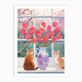 Cat With Bleedeing Heart Flowers Watercolor Mothers Day Valentines 2 Art Print