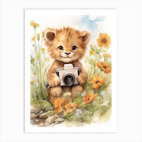 Taking Photos Watercolour Lion Art Painting 4 Art Print