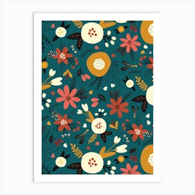 Abstract Scandinavian Floral Red, Ochre, White, Teal Blue Art Print