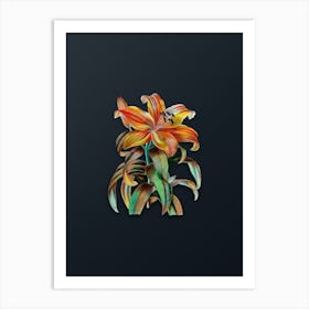 Vintage Thunberg's Orange Lily Botanical Watercolor Illustration on Dark Teal Blue n.0874 Art Print
