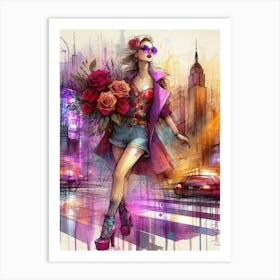 Rockabilly Woman With A Bouquet Of Red Roses 2. Art Print