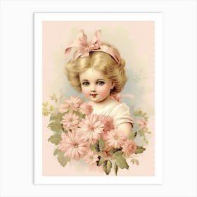 Vintage Pink Flower Girl Illustration Kitsch Art Print