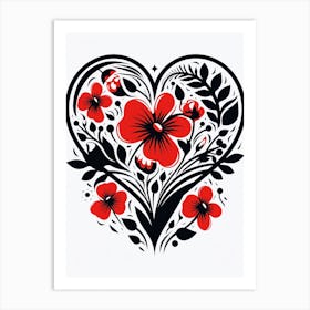 Simple Black & Red Heart With Poppies Art Print