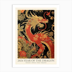 Lunar Year Of The Dragon 2024 Red Dragon Flowers Art Print