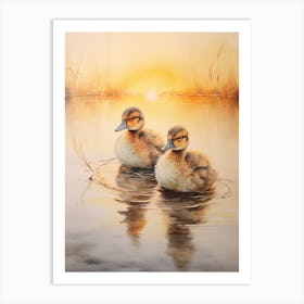 Ducks Swimming In The Lake At Sunset Watercolour 3 Art Print