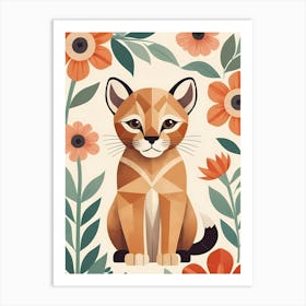 Floral Cute Baby Puma Nursery Illustration (32) Art Print