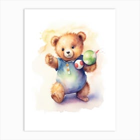 Bowling Teddy Bear Painting Watercolour 1 Art Print