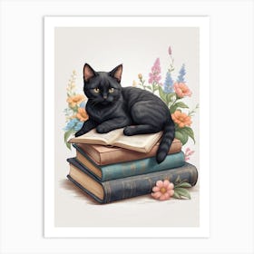 Black Cat On Books Art Print