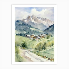 Watercolor Of A Mountain Village Art Print