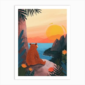 Sloth Bear Looking At A Sunset From A Mountaintop Storybook Illustration 3 Art Print