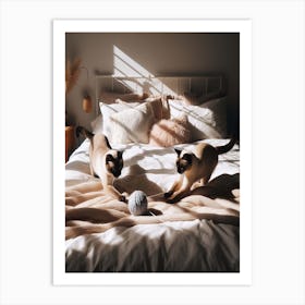 Two Cats Playing On A Bed 1 Art Print