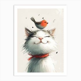 Cute Cat With Bird Art Print