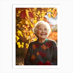 Elderly Woman Smiles Surrounded By A Vibrant Array Of Fall Foliage Golden And Crimson Leaves Frame (4) Art Print