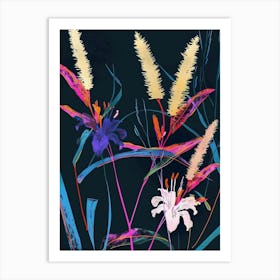 Neon Flowers On Black Fountain Grass 4 Art Print