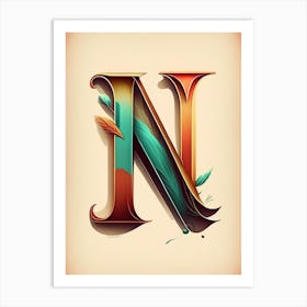 N, Letter, Alphabet Retro Drawing 2 Art Print
