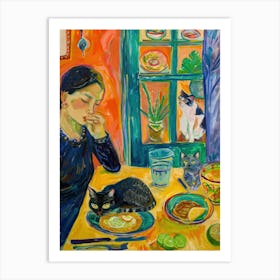 Portrait Of A Girl With Cats Eating Tacos 1 Art Print