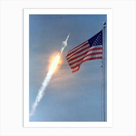 The American Flag Heralds The Flight Of Apollo 11, Man S First Lunar Landing Mission Art Print
