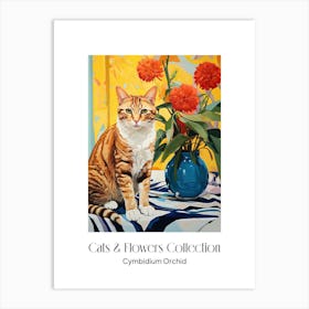 Cats & Flowers Collection Cymbidium Orchid Flower Vase And A Cat, A Painting In The Style Of Matisse 0 Art Print