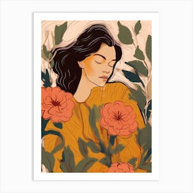Woman With Autumnal Flowers Rose 2 Art Print