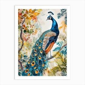 Watercolour Peacock With Tropical Leaves 1 Art Print