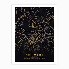 Antwerp Belgium Black And Gold Map Art Print