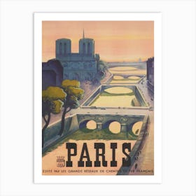 Paris France, Seine River, Muted Neutral Colors, Vintage Travel Poster Art Print