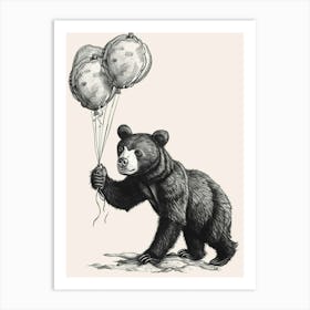 Malayan Sun Bear Holding Balloons Ink Illustration 3 Art Print