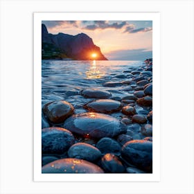 Rocks On The Beach At Sunset Art Print