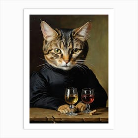 Cat With Glasses Of Wine Art Print