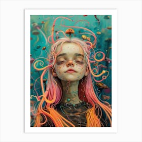 Illustration of Fairy kid Girl with Pink Hair in colored dream Art Print