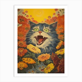 Psychedelic Cat With Flowers, Louis Wain Art Print