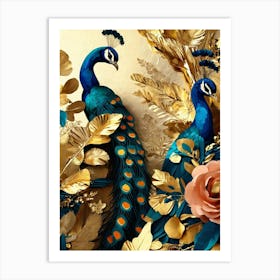 Peacocks And Roses Art Print