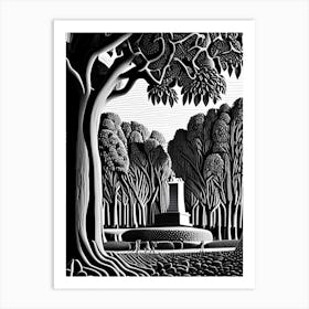 Vigeland Sculpture Park, Norway Linocut Black And White Vintage Art Print