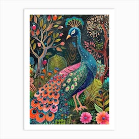 Folky Floral Peacock At Night With The Plants 1 Art Print