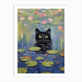 Water Lilies And A Black Cat Inspired By Monet 4 Art Print