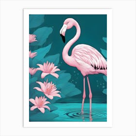 Pink And Blue Flamingo With Lillies Art Print