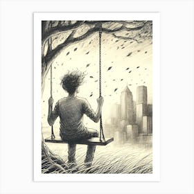 Moody Man on Swing Sketch 10 Art Print