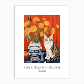 Cats & Flowers Collection Marigold Flower Vase And A Cat, A Painting In The Style Of Matisse 5 Art Print